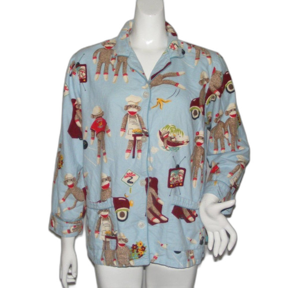 NICK & NORA Pajama Top, M, Blue, Sock Monkey Daily Tasks, Long sleeves, Fleece - Picture 1 of 8
